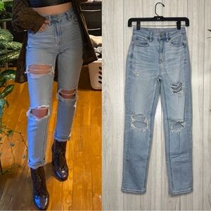 American Eagle Stretch High Rise Ripped Mom Straight Jean Blue Powder size 000